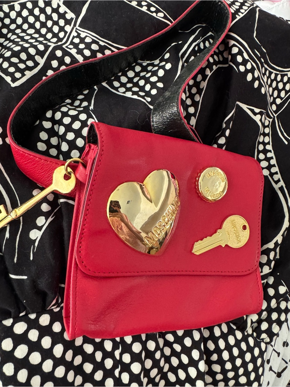 Vintage Moschino Red Leather Crossbody with Gold Heart and Key Accents